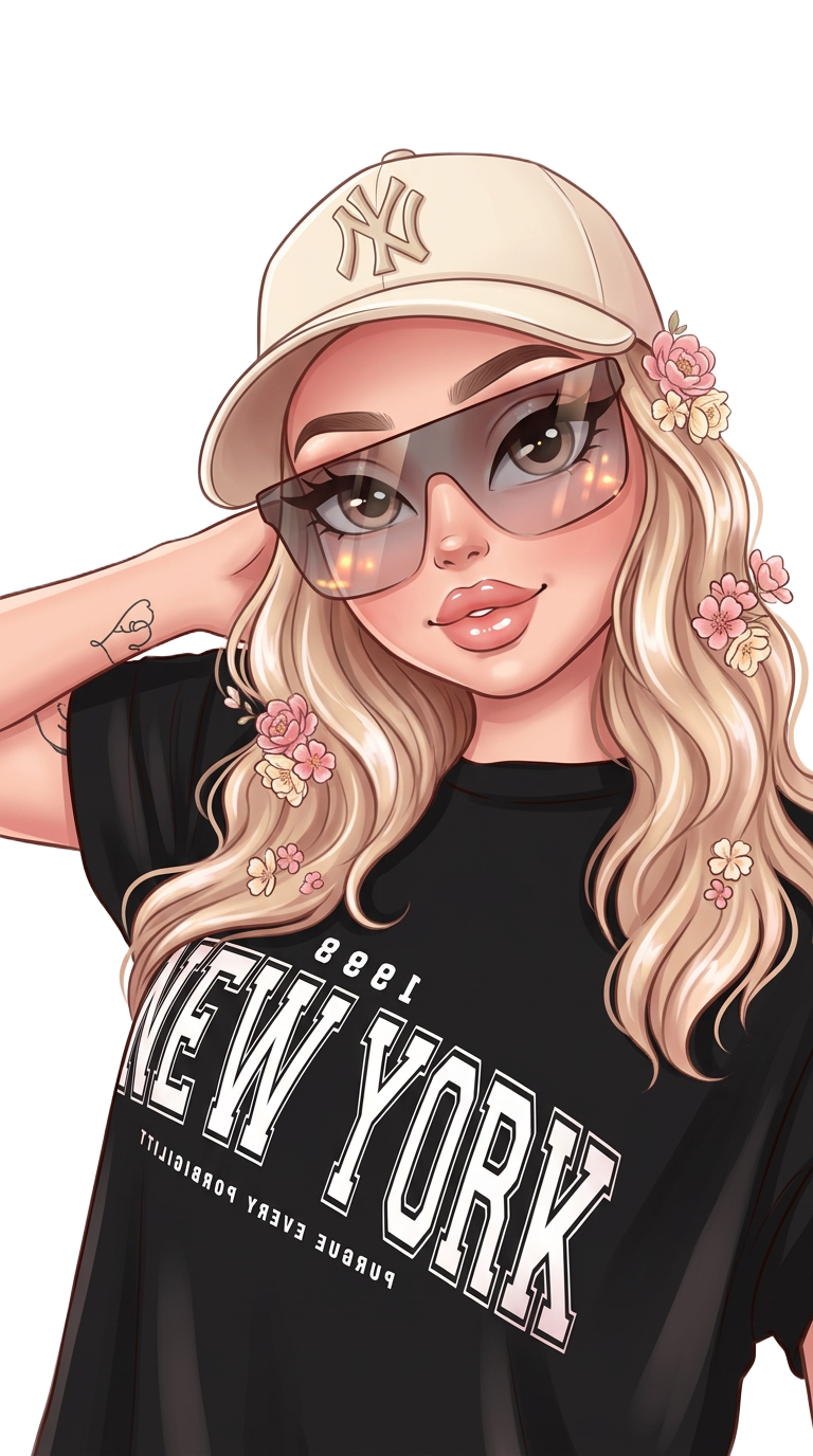 Cute illustrated cartoon portrait of Lexi with flowers in her hair